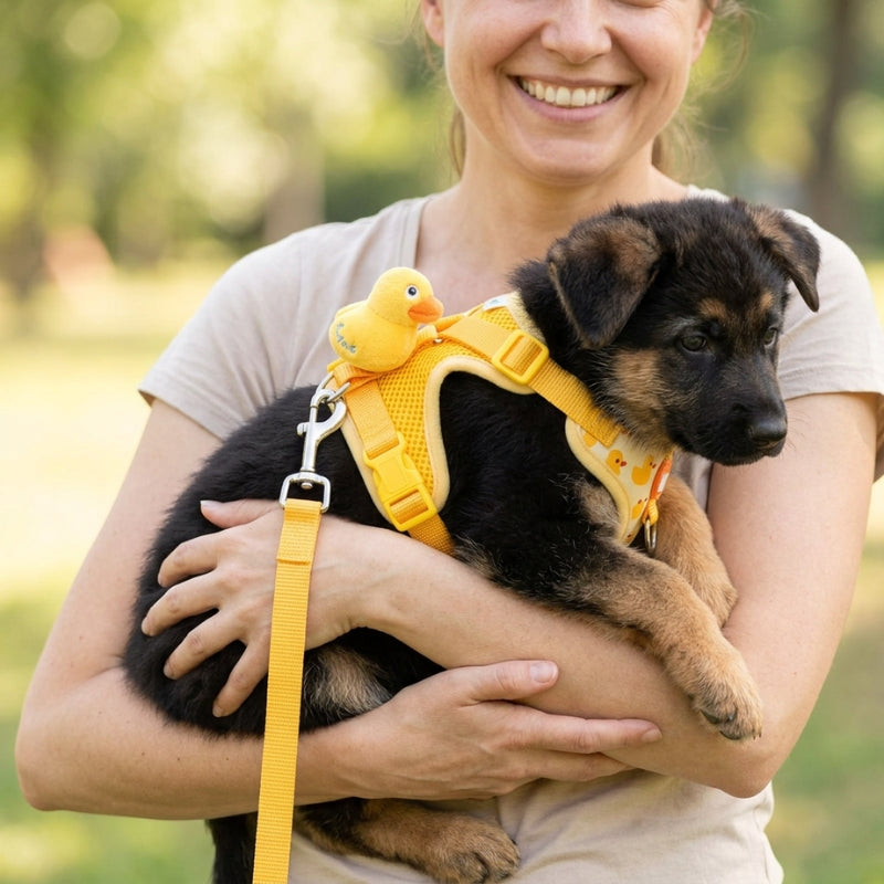 Harnais pour petit chien jaune chiot berger allemand dans les bras d une femme