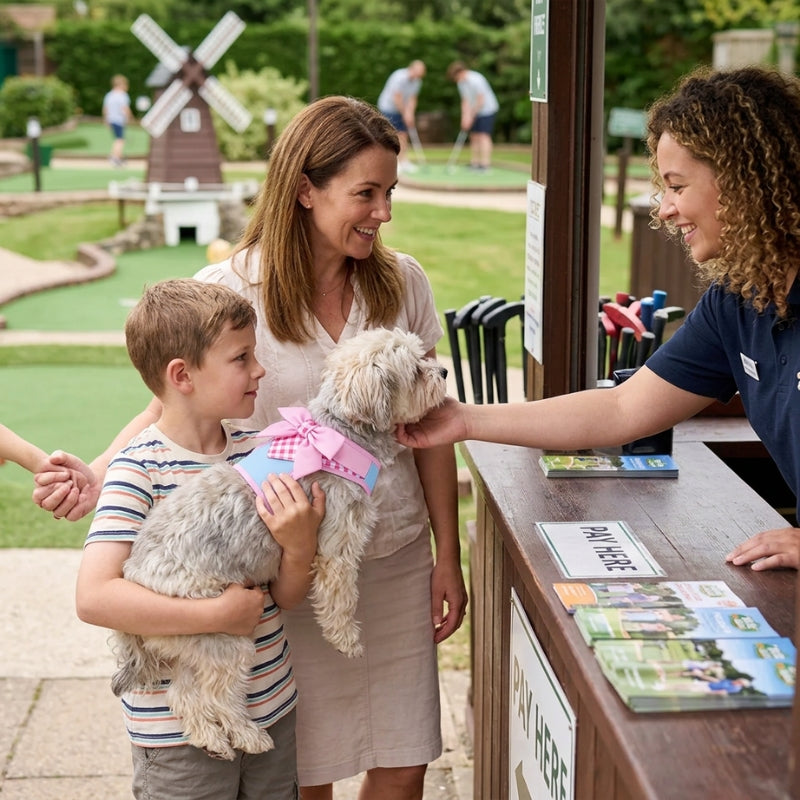 Harnais pour petit chien rose chien avec une femme et un enfant à un comptoir