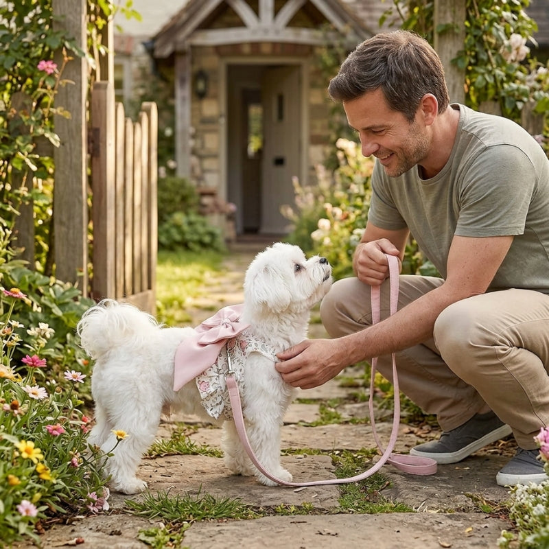 Harnais pour petit chien rose chien blanc avec un homme dans le jardin
