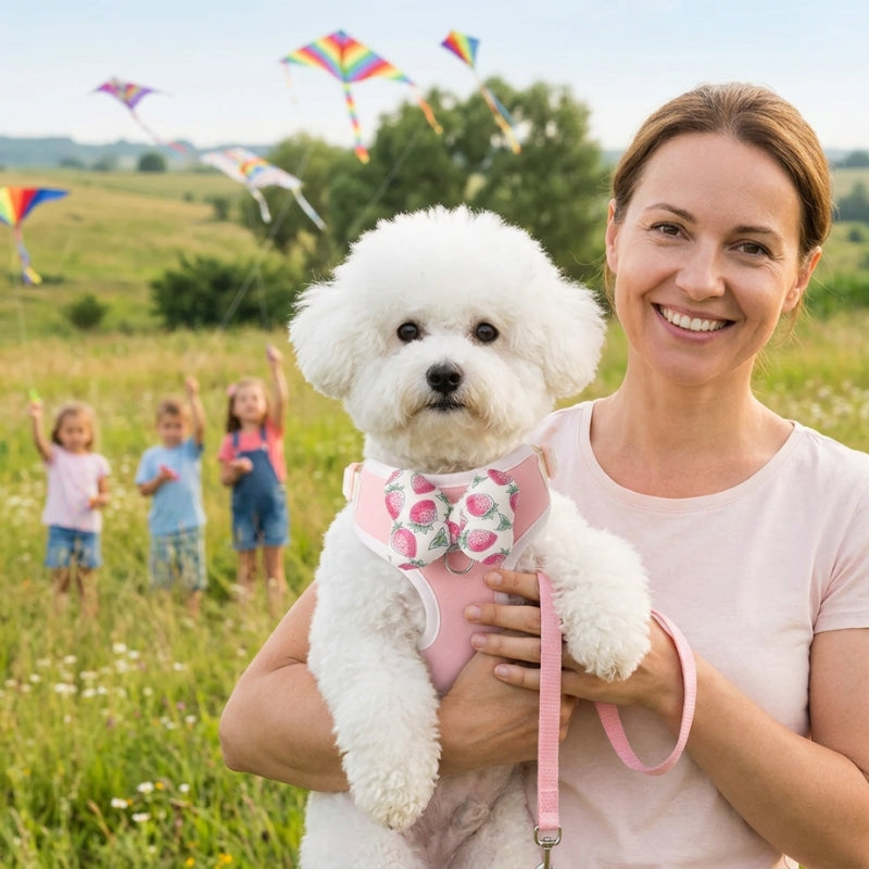 Harnais pour petit chien rose chien blanc porté par une femme en plein air
