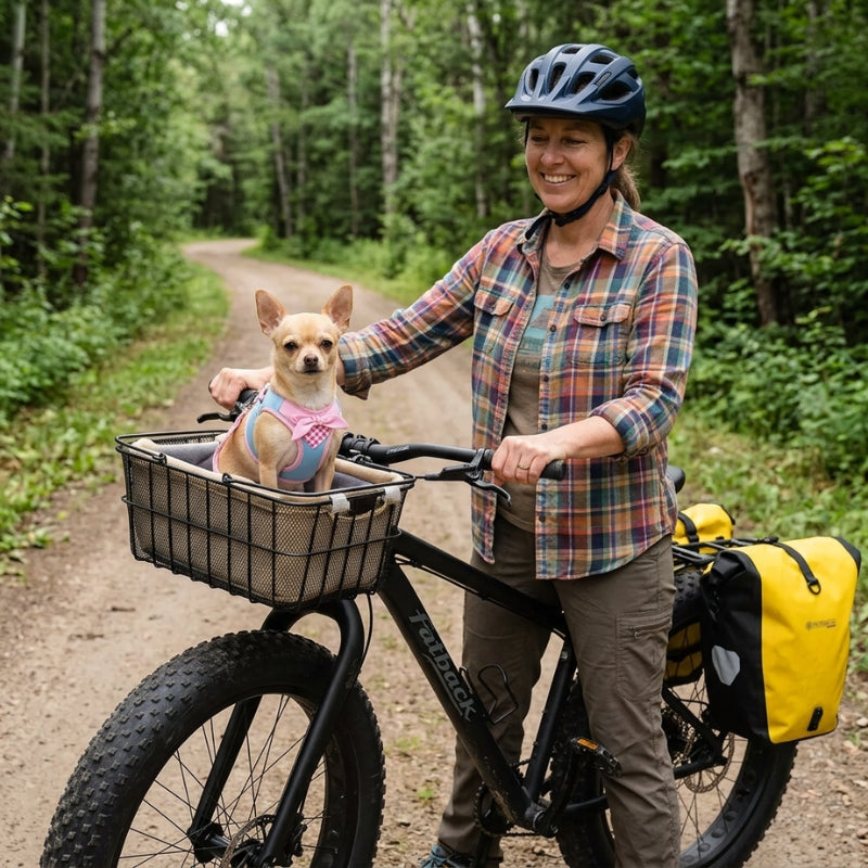 Harnais pour petit chien rose chien dans un panier de vélo avec une femme en forêt
