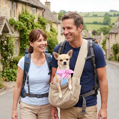 Harnais pour petit chien rose chien dans un sac de transport avec un couple