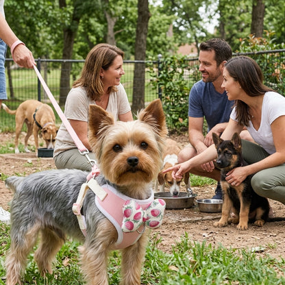 Harnais pour petit chien rose yorkshire au parc près de plusieurs personnes