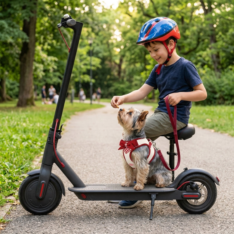 Harnais pour petit chien rouge chien près d un enfant et de sa trottinette au parc