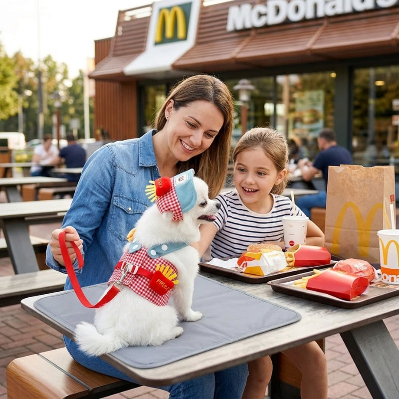 Harnais pour petit chien rouge chien sur une table en terrasse avec une femme et une fillette