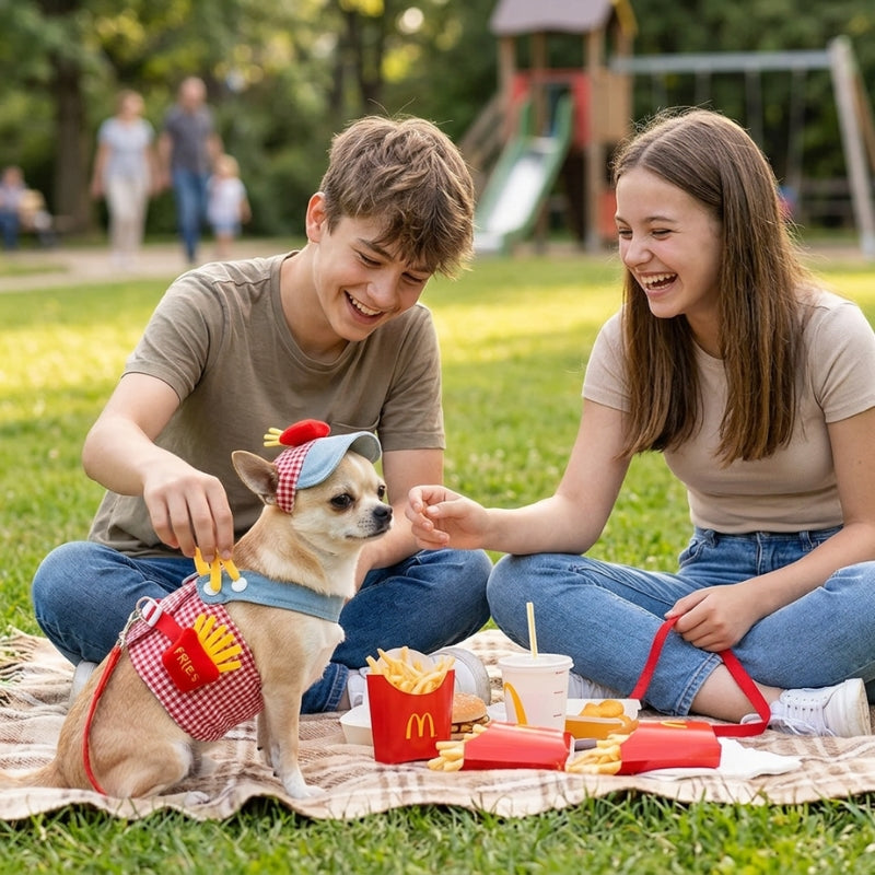 Harnais pour petit chien rouge couple au pique nique avec un chien