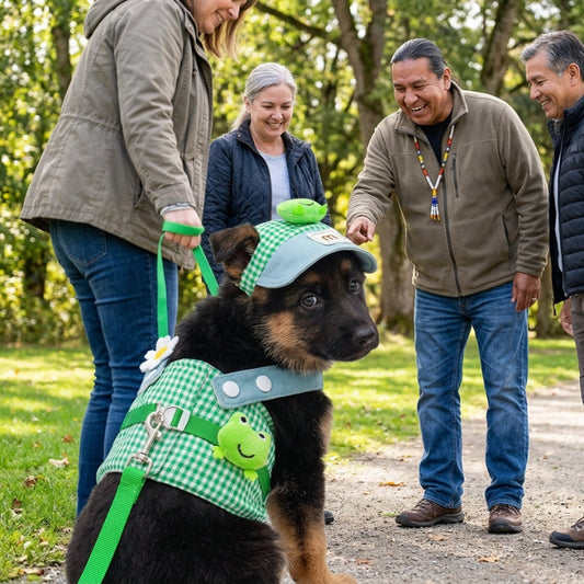 Harnais pour petit chien vert chiot berger allemand admiré par des passants au parc