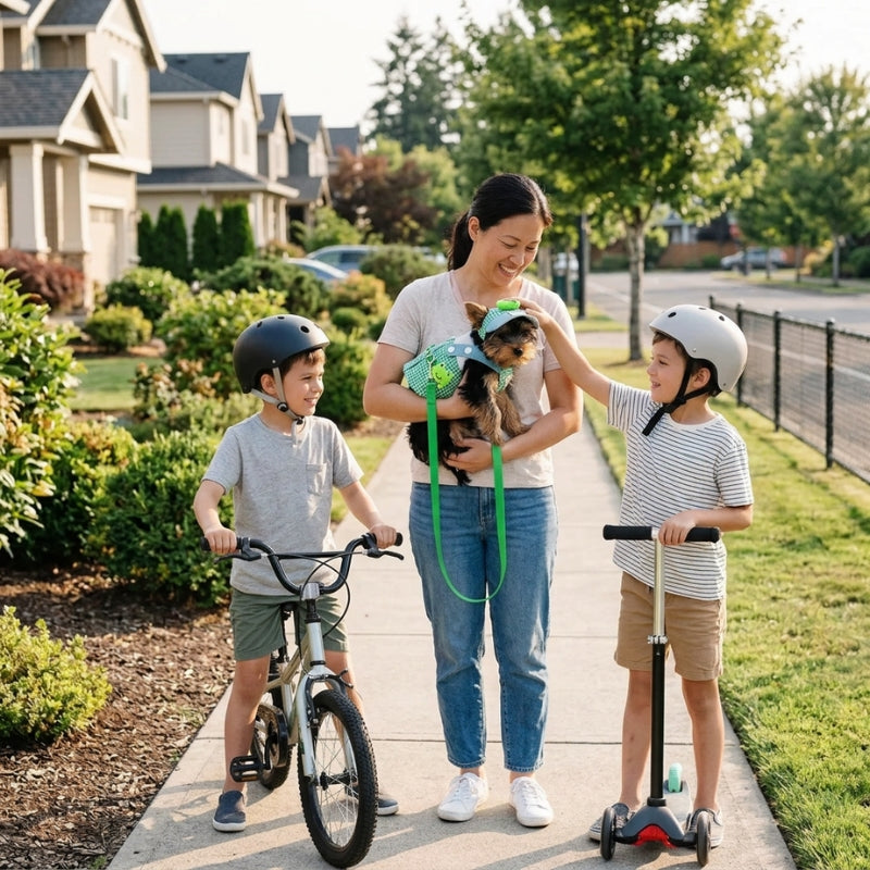 Harnais pour petit chien vert femme portant un chien près de deux enfants avec vélo et trottinette