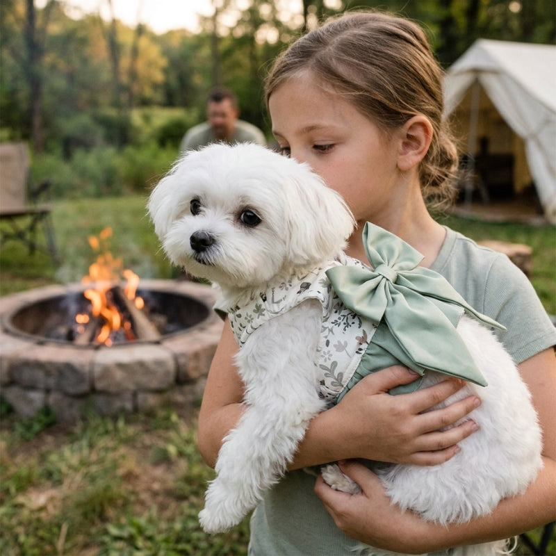 Harnais pour petit chien vert fleuri chien blanc porté par une fillette au camping