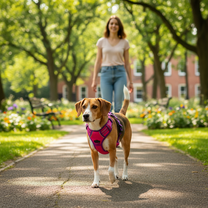 Chien portant un harnais violet et rose pendant une promenade au parc