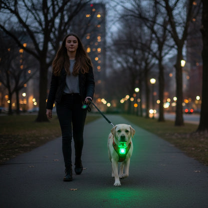 Collier Lumineux Chien jeune fille promenant son chien avec pendentif collier lumineux vert sur une piste dans un parc
