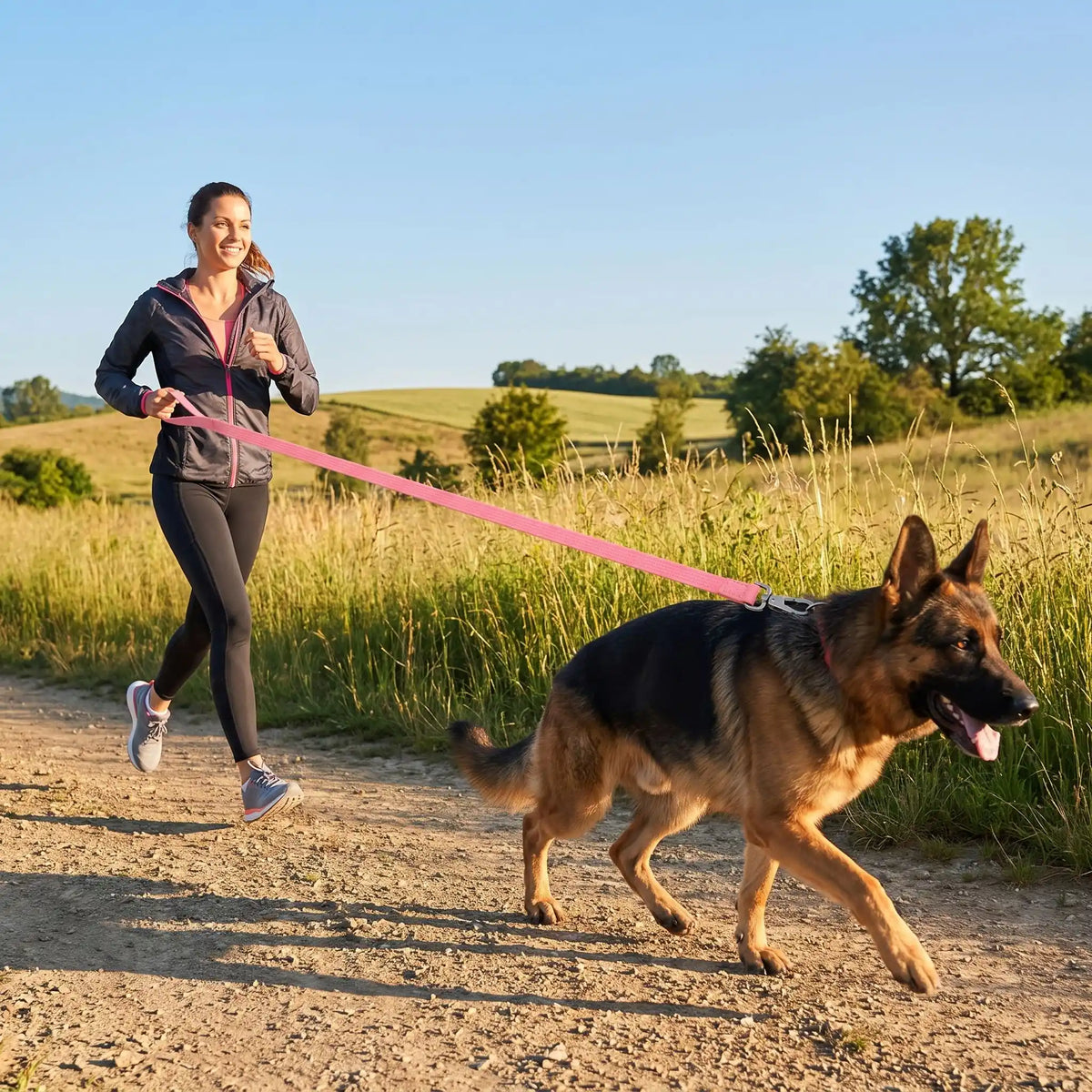 Laisse pour chien femme courant berger allemand campagne

