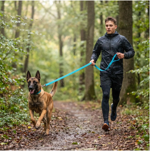 Laisse pour chien imperméable antidérapante bleue homme courant avec malinois en forêt