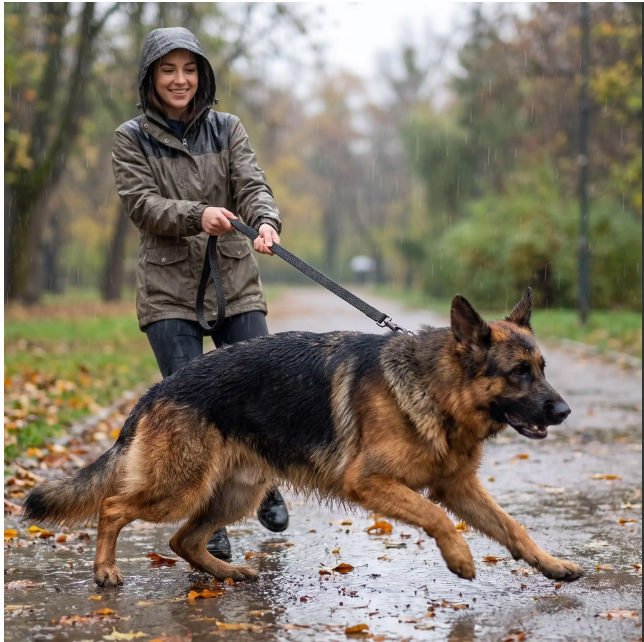 Laisse pour chien imperméable antidérapante noire berger allemand sous la pluie