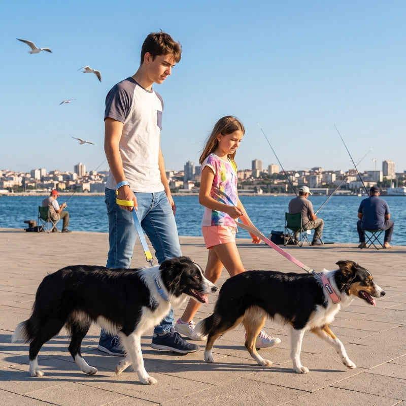 Laisse pour chien imperméable Rando ImperMax un homme et une fille promènent deux chiens au bord de l’eau