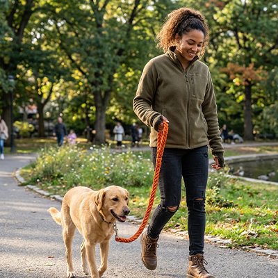 Laisse pour Chien jeune femme marche à côté de son chien
