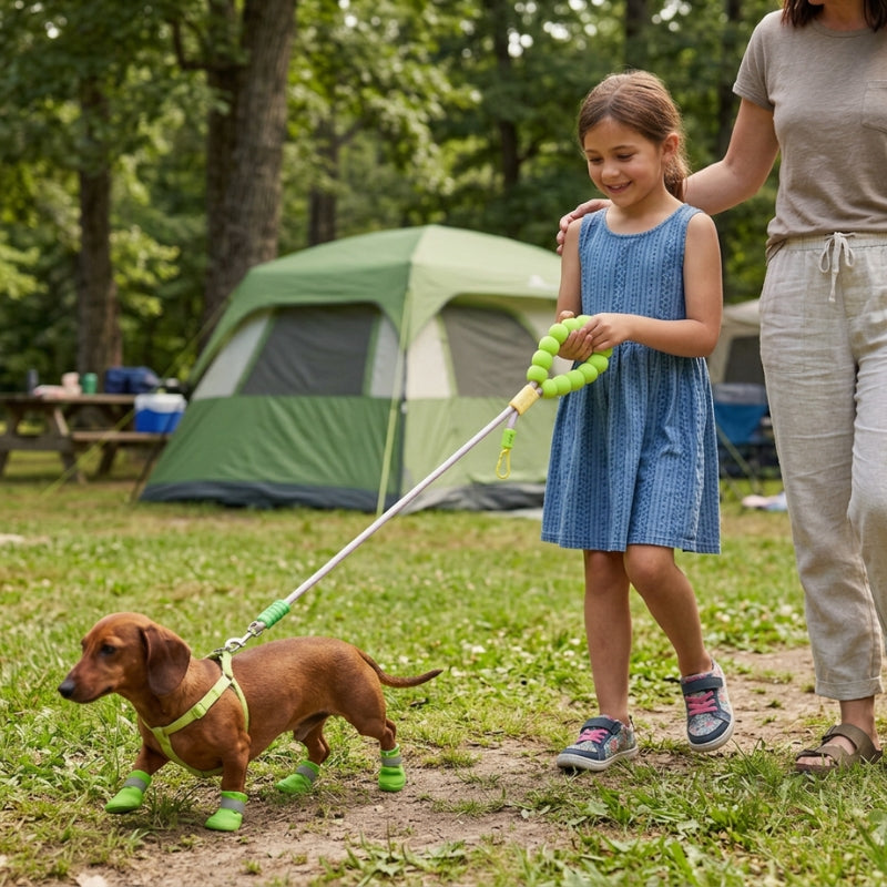 Laisse randonnée chien fillette promenant un teckel en bottes vertes avec sa maman au camping