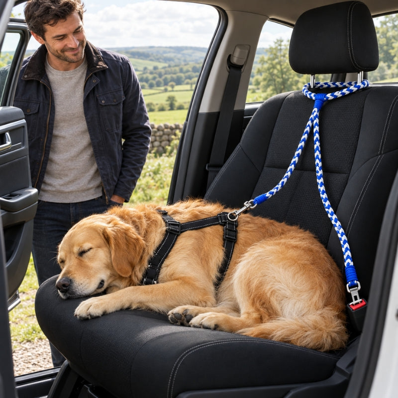 Laisse randonnée chien bleue et blanche golden endormi sur le siège passager homme près de la portière ouverte