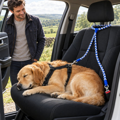 Laisse randonnée chien bleue et blanche golden endormi sur le siège passager homme près de la portière ouverte