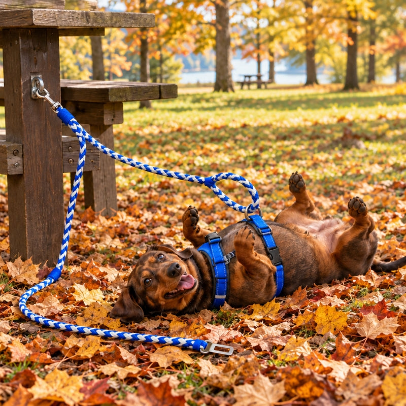 Laisse randonnée chien bleue et blanche teckel sur le dos dans les feuilles attaché près de la table de pique nique