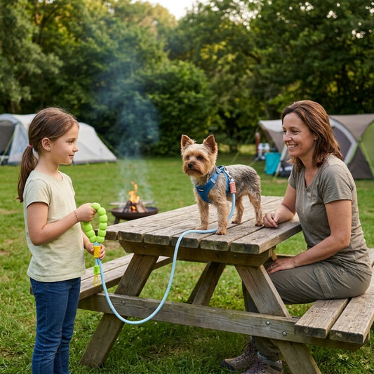 Laisse randonnée chien fillette tenant la poignée verte avec yorkshire sur table et maman assise