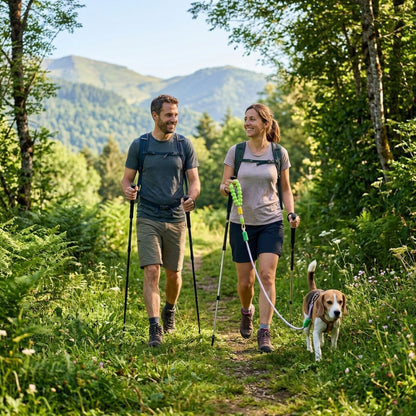 Laisse randonnée chien couple avec bâtons de marche et petit chien sur sentier ensoleillé