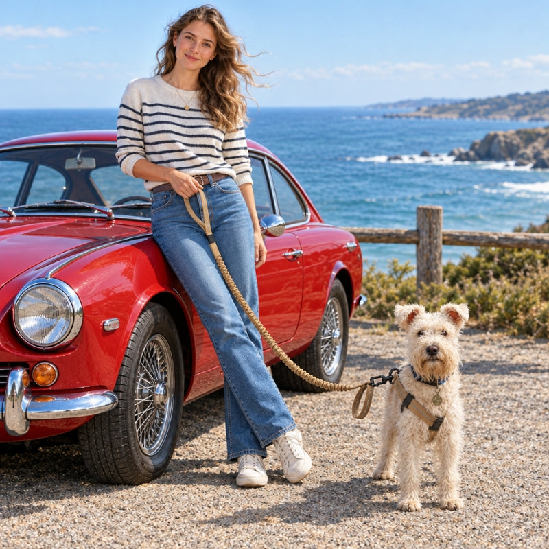 Laisse randonnée chien kaki femme adossée à une Triumph rouge avec son terrier au bord de la mer
