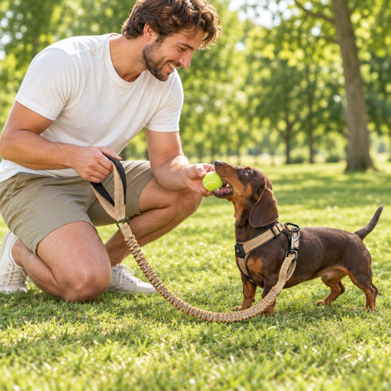 Laisse randonnée chien kaki homme à genoux donnant une balle à son teckel dans un parc en été