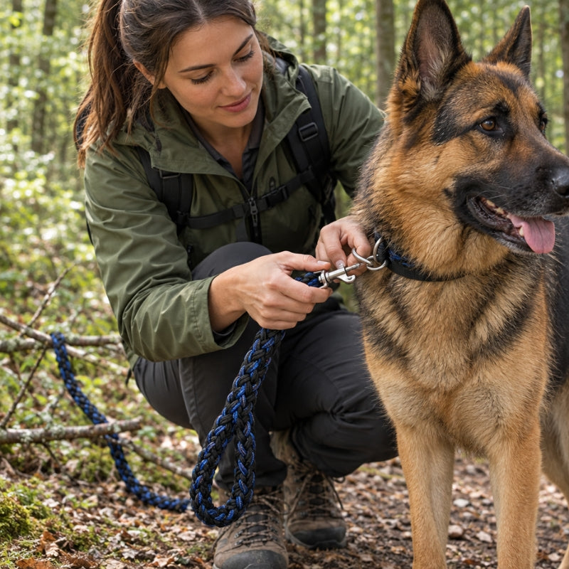 Laisse randonnée chien noire et bleue femme manipulant le mousqueton du collier de son berger allemand en forêt