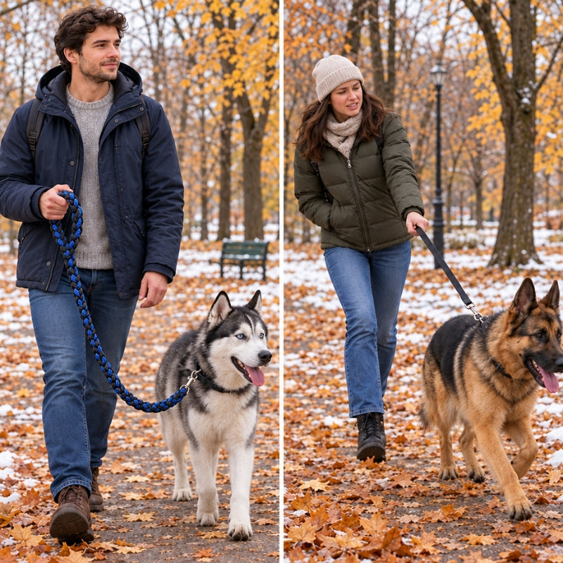 Laisse randonnée chien noire et bleue homme promenant un husky à côté une femme avec un berger allemand en parc enneigé