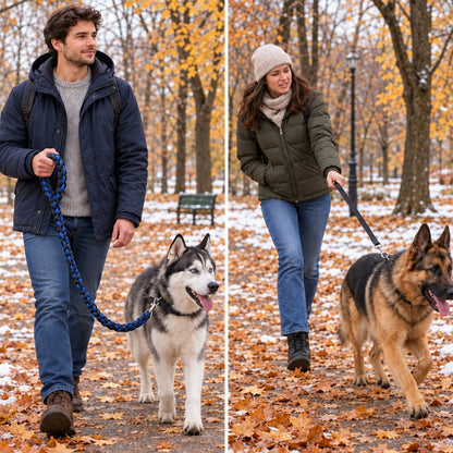 Laisse randonnée chien noire et bleue homme promenant un husky à côté une femme avec un berger allemand en parc enneigé