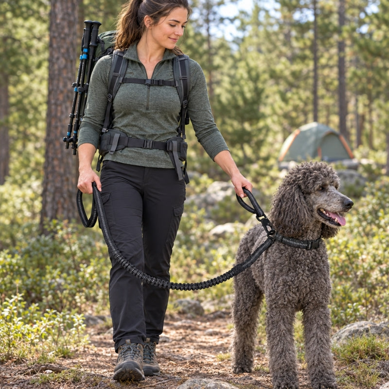 Laisse randonnée chien noire randonneuse avec sac à dos tenant un caniche royal en forêt près de la tente