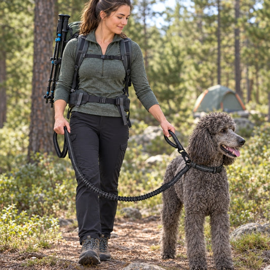 Laisse randonnée chien noire randonneuse avec sac à dos tenant un caniche royal en forêt près de la tente