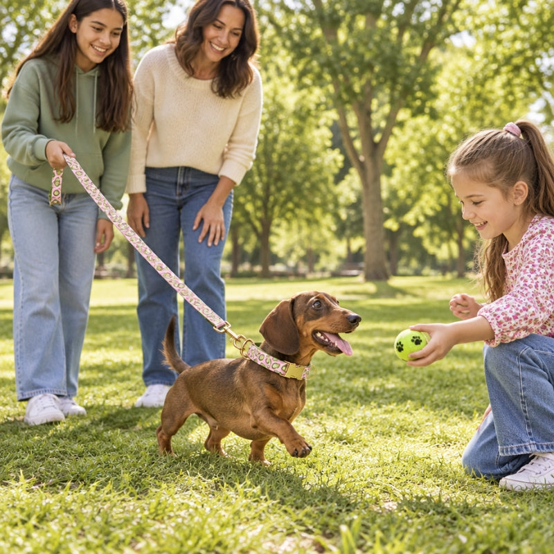 Laisse randonnée chien rose à motifs avocats teckel avec collier assorti attiré par la balle tenue par une fillette