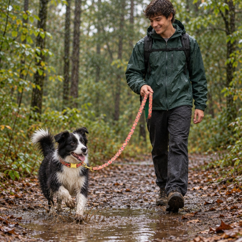 Laisse randonnée chien rose corail à motifs jeune homme promenant un Border Collie sur un chemin boueux en forêt