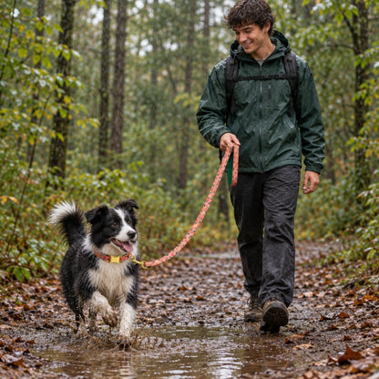 Laisse randonnée chien rose corail à motifs jeune homme promenant un Border Collie sur un chemin boueux en forêt