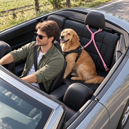 Laisse randonnée chien rose et blanche golden en harnais sur la banquette arrière avec un conducteur vue du dessus