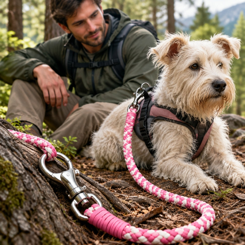 Laisse randonnée chien rose et blanche terrier couché près du randonneur mousqueton métallique visible au premier plan en forêt