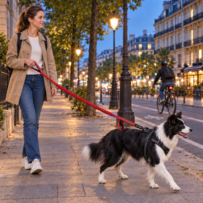 Laisse randonnée chien rouge étirée femme retenant un Border Collie attiré par un vélo en ville en soirée