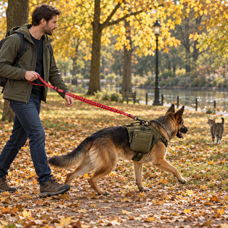 Laisse randonnée chien rouge étirée homme retenant un berger allemand en harnais vert attiré par un chat en automne