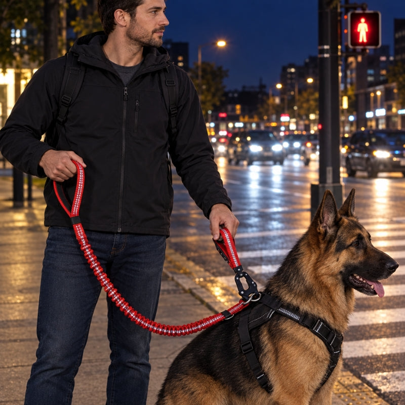Laisse randonnée chien rouge réfléchissante homme tenant un berger allemand près du harnais au passage piéton la nuit