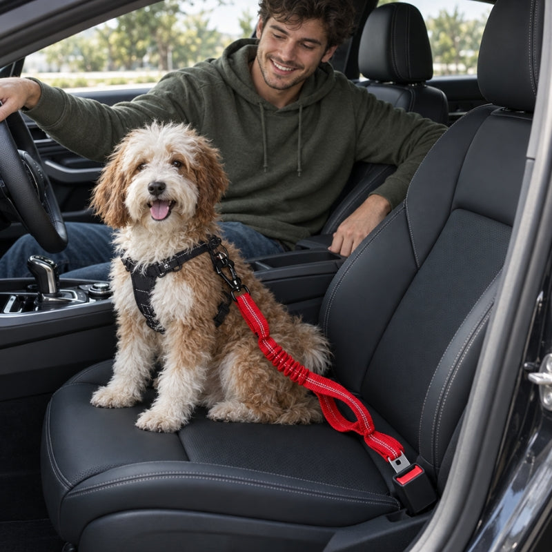 Laisse randonnée chien rouge reliée au harnais et à la boucle de ceinture chien assis sur le siège passager