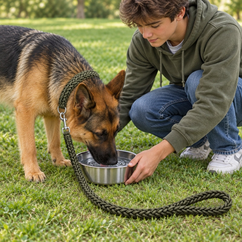 Laisse randonnée chien vert armée au sol adolescent tenant une gamelle pour un berger allemand qui boit