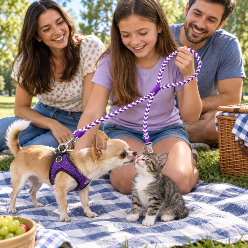 laisse-randonnee-chien-rose-et-blanche-terrier-couche-pres-un-randonneur-mousqueton-metallique-visible-au-premier-plan-en-foret