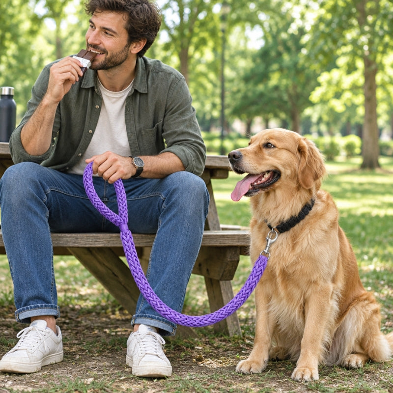 Laisse randonnée chien violette homme assis à une table de pique nique mangeant une friandise près de son golden retriever