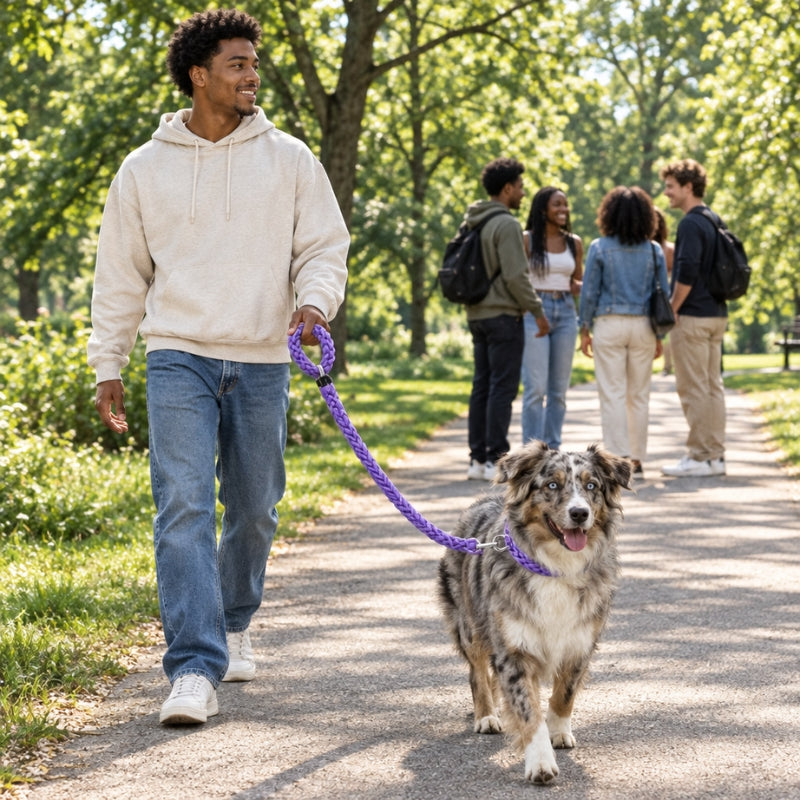 Laisse randonnée chien violette homme promenant un berger australien sur un chemin avec des amis en arrière plan