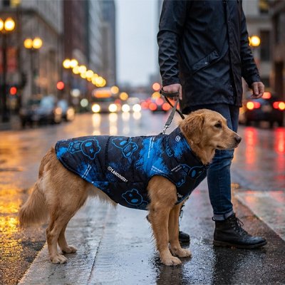 Manteau chien bleu pluie en ville