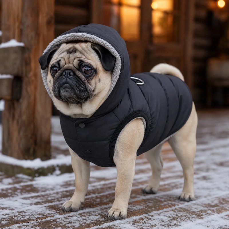 Manteau Chien Carlin portant un manteau noir avec capuche dans un paysage enneigé