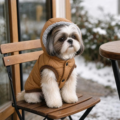 Manteau Chien Petit chien portant un manteau brun assis sur un banc à l’extérieur