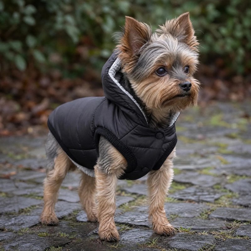 Manteau Chien Petit chien portant un manteau noir lors d’une promenade sur un chemin en forêt